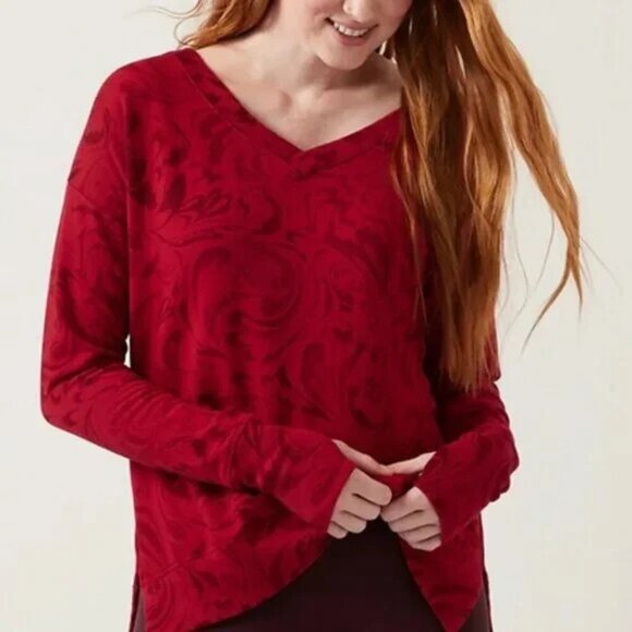 Athleta Coaster Luxe V-Neck Pullover Oversized Sweatshirt Red Agate Paisley- Med - Picture 1 of 11